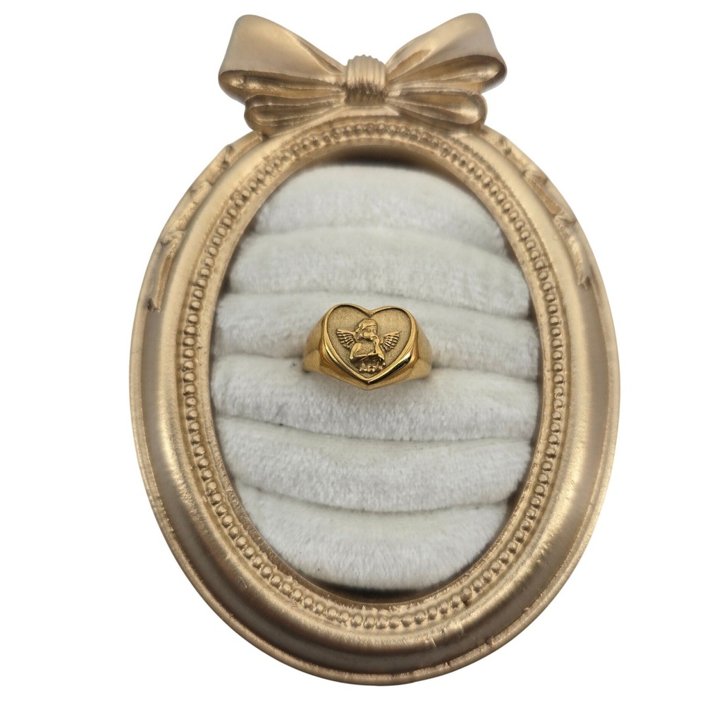Heart Signet Ring Womens Size 7.25 Cherub Angel Gold Tone Polished